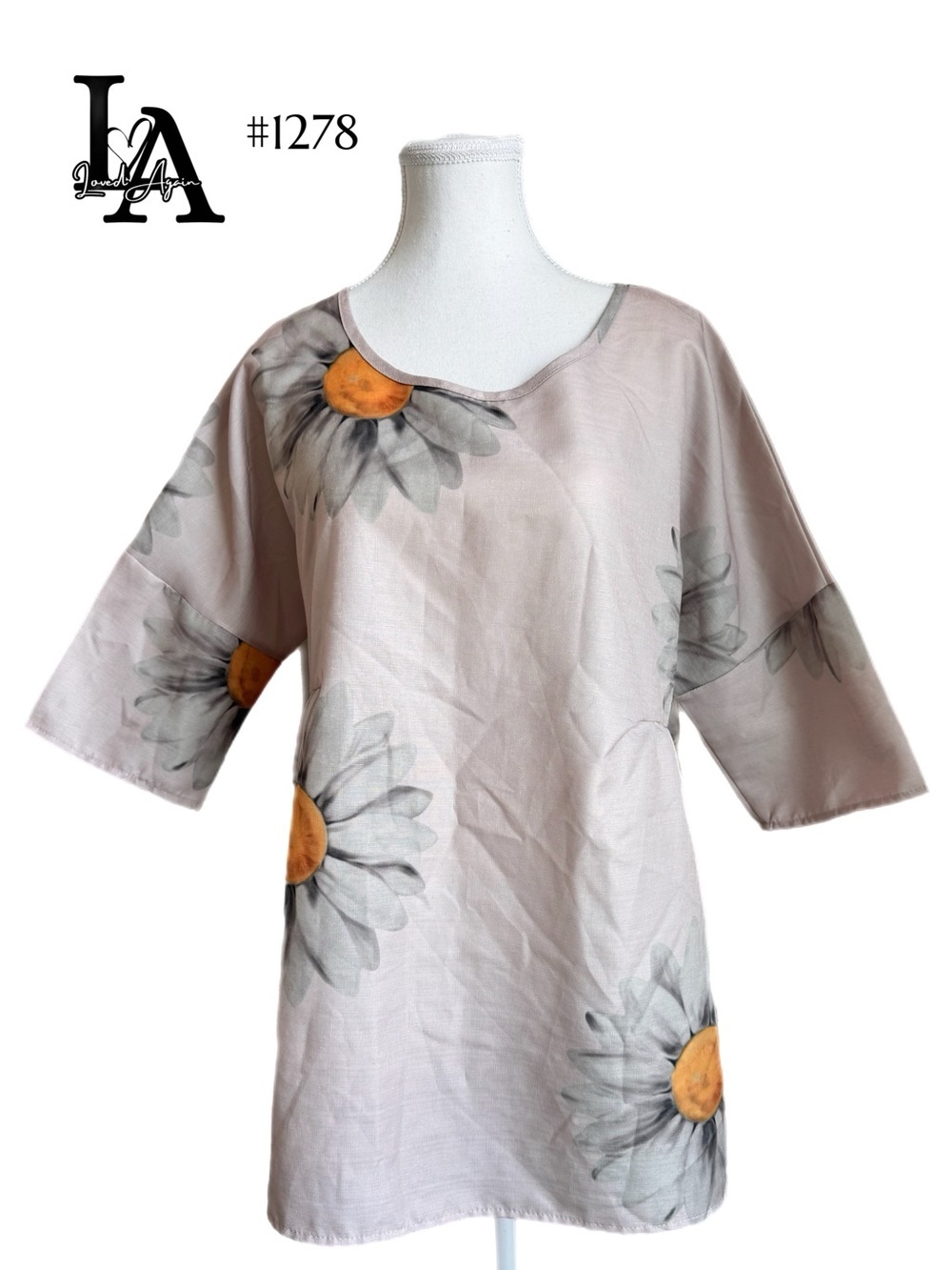 LA Floral Print Women's Tunic Top - Beige with Yellow Accents | Sunflower | Fall